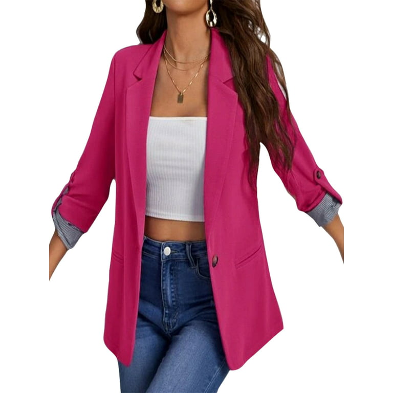 Grianlook Elegant Blazers Jackets for Women Roll Up Long Sleeve Outerwear  Workwear Solid Color Business Office Formal Coat