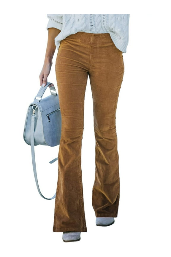 Ladies Baggy Corduroy Trousers Wide Leg Elastic Waisted Palazzo Pant Loungewear With Pockets Flare Pants Camel L