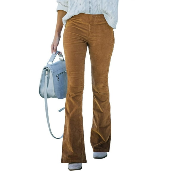 Grianlook Ladies Baggy Corduroy Trousers Wide Leg Elastic Waisted Palazzo Pant Loungewear With Pockets Flare Pants Camel XL