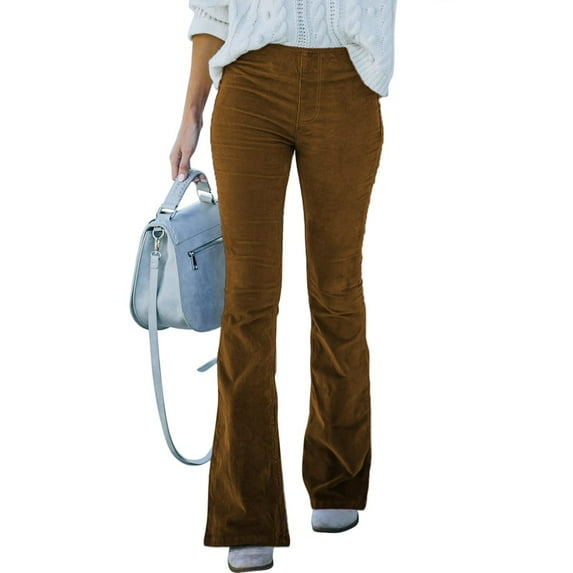 Grianlook Ladies Baggy Corduroy Trousers Wide Leg Elastic Waisted Palazzo Pant Loungewear With Pockets Flare Pants Dark Brown XL