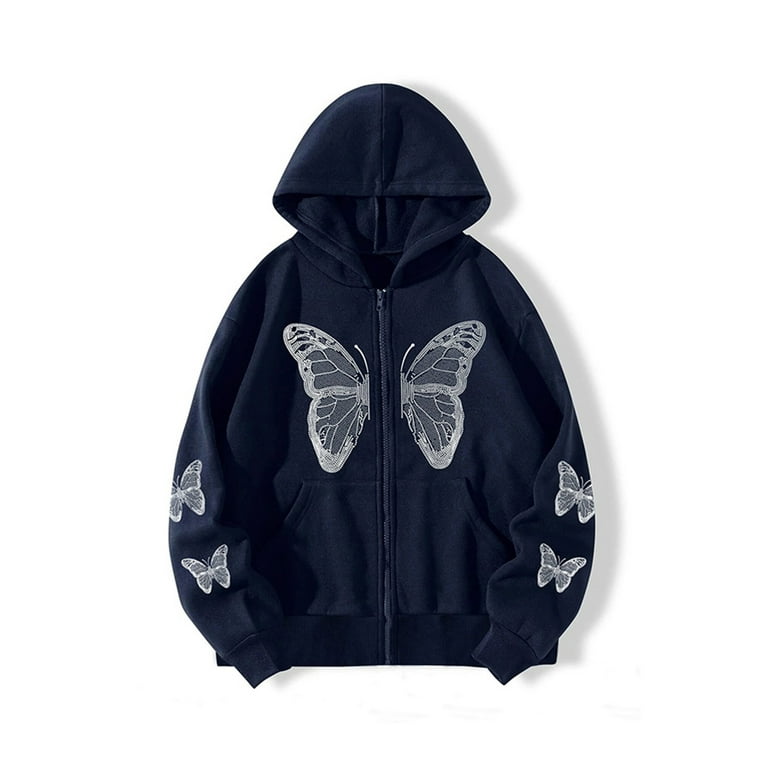 Grianlook Ladies Casual Front Zip Sweatshirt Long Sleeve Butterfly Print  Hoodies Winter Hooded Neck Hoodie Cardigan Navy Blue XXL