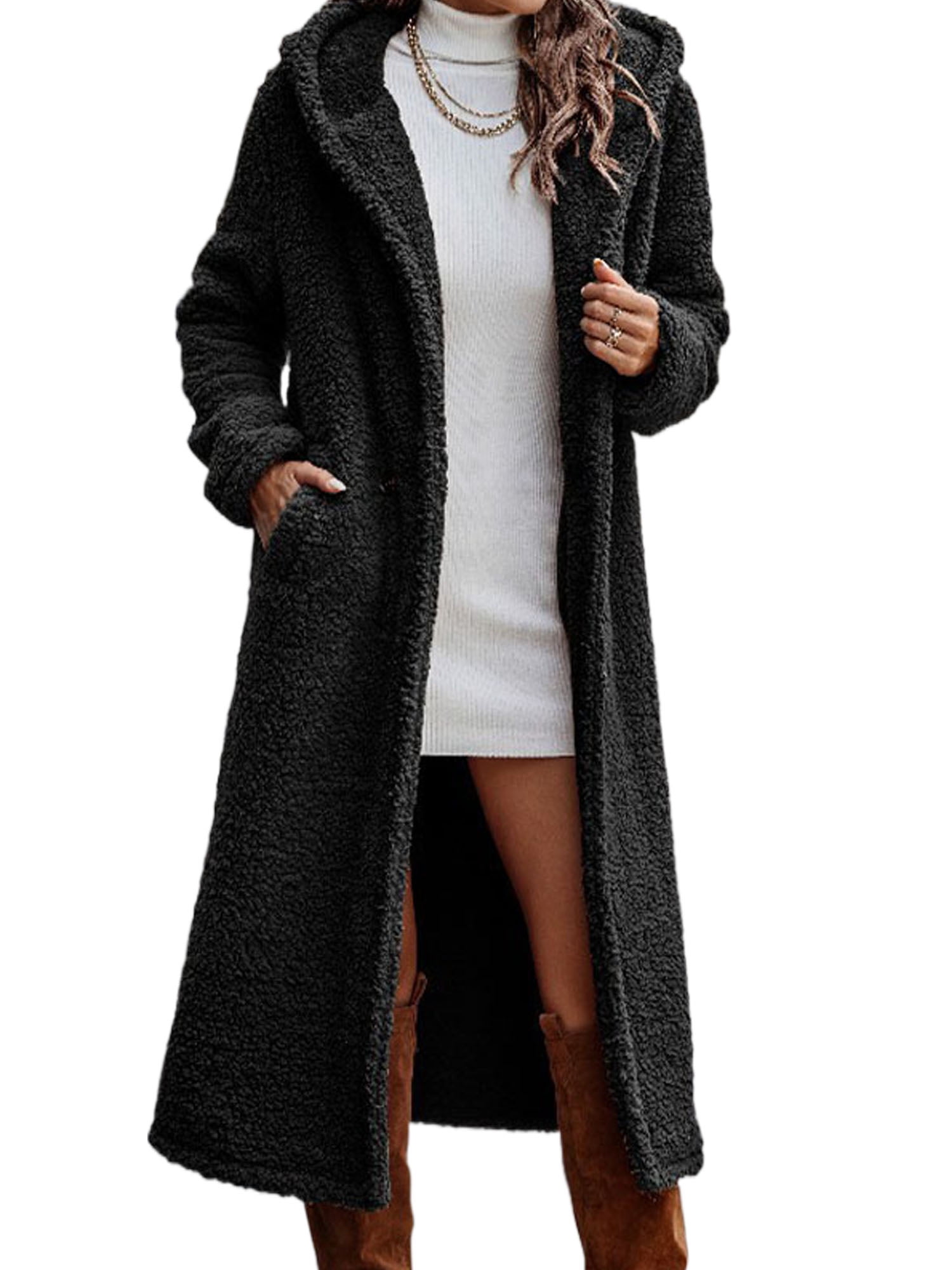 Grianlook Ladies Casual Open Front Fleece Fuzzy Coats Long Sleeve With  Pockets Jacket Winter A Single Button Outwear Black M - Walmart.com