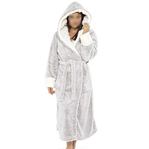 Grianlook Ladies Fuzzy Plush Bathrobe Solid Color Sleepwear Long Sleeve Sherpa Robes Women Warm Fleece Robe Loose Hooded Dressing Gown Gray L