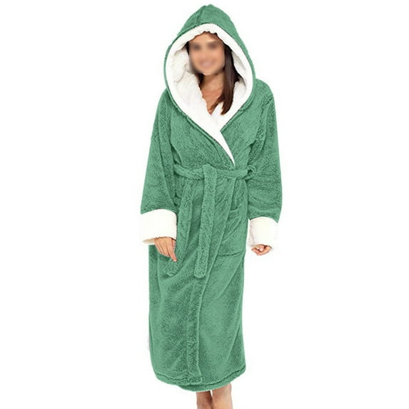 Grianlook Ladies Fuzzy Plush Bathrobe Solid Color Sleepwear Long Sleeve Sherpa Robes Women Warm Fleece Robe Loose Hooded Dressing Gown Green XL