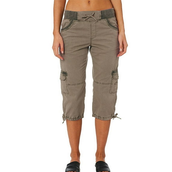 Grianlook Ladies Loose Fit Solid Color Capri Pants Drawstring Elastic Waist With Pockets Cargo Pant Leisure High Waisted Bottoms