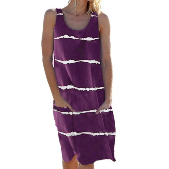 Grianlook Ladies Loose Striped Printed Tunic Midi Dress Crew Neck Sleeveless Shift Sundress Lounge With Pocket Tank Dresses