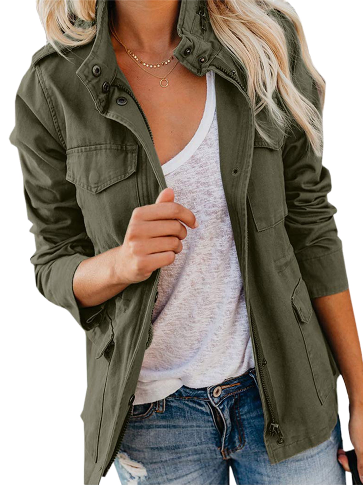 Grianlook Ladies Outwear Solid Color Military Jacket Long Sleeve Coat Women  Streetwear Utility Jackets Plain Lapel Army Green S