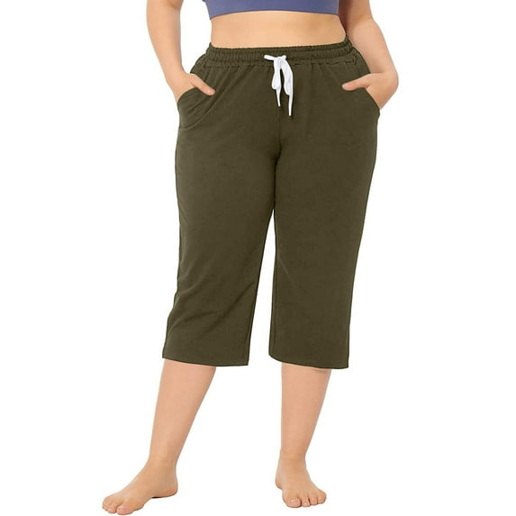 Grianlook Ladies Palazzo Pant Straight Leg Loungewear Capri Pants Women Lounge Bottoms Boho High Waist Trousers Army Green M