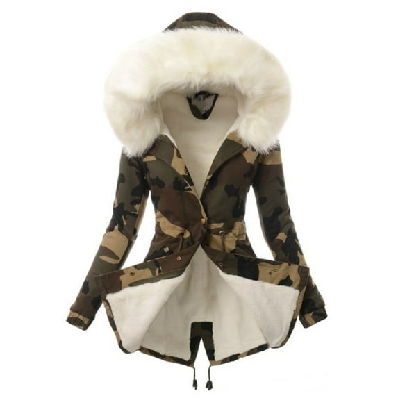Grianlook Ladies Plain Fuzzy Fleece Coat Long Sleeve Solid Color Outwear Cardigan Hooded Neck Overcoats Camouflage M