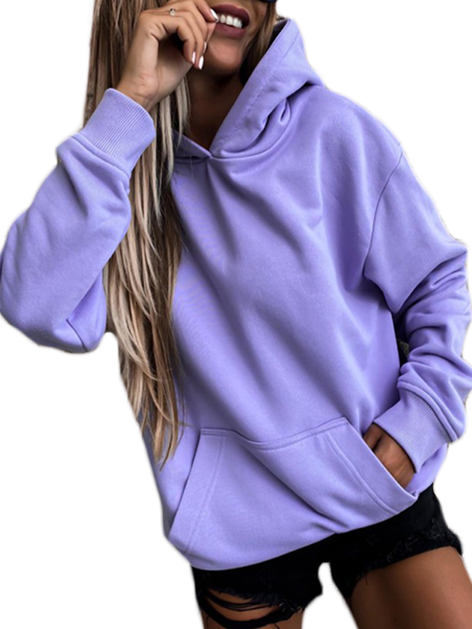 Grianlook Ladies Pullover Drawstring Hoodies Long Sleeve Sweatshirt Women  Loose Fit Hooded Tops Casual Solid Color Purple XXL