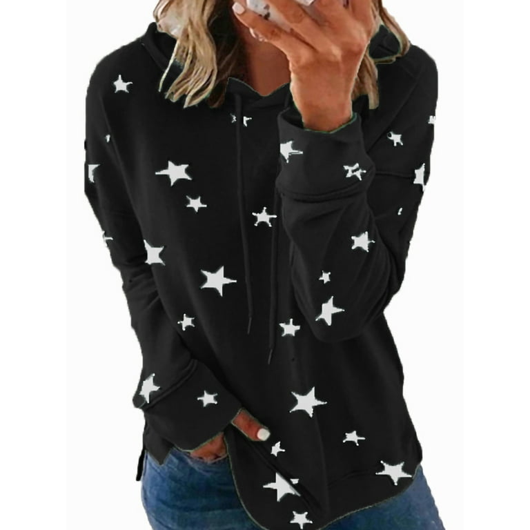 Grianlook Ladies Pullover Stars Print Hoodies Long Sleeve Sweatshirt Women Casual Hooded Tops Leisure Drawstring Black XL