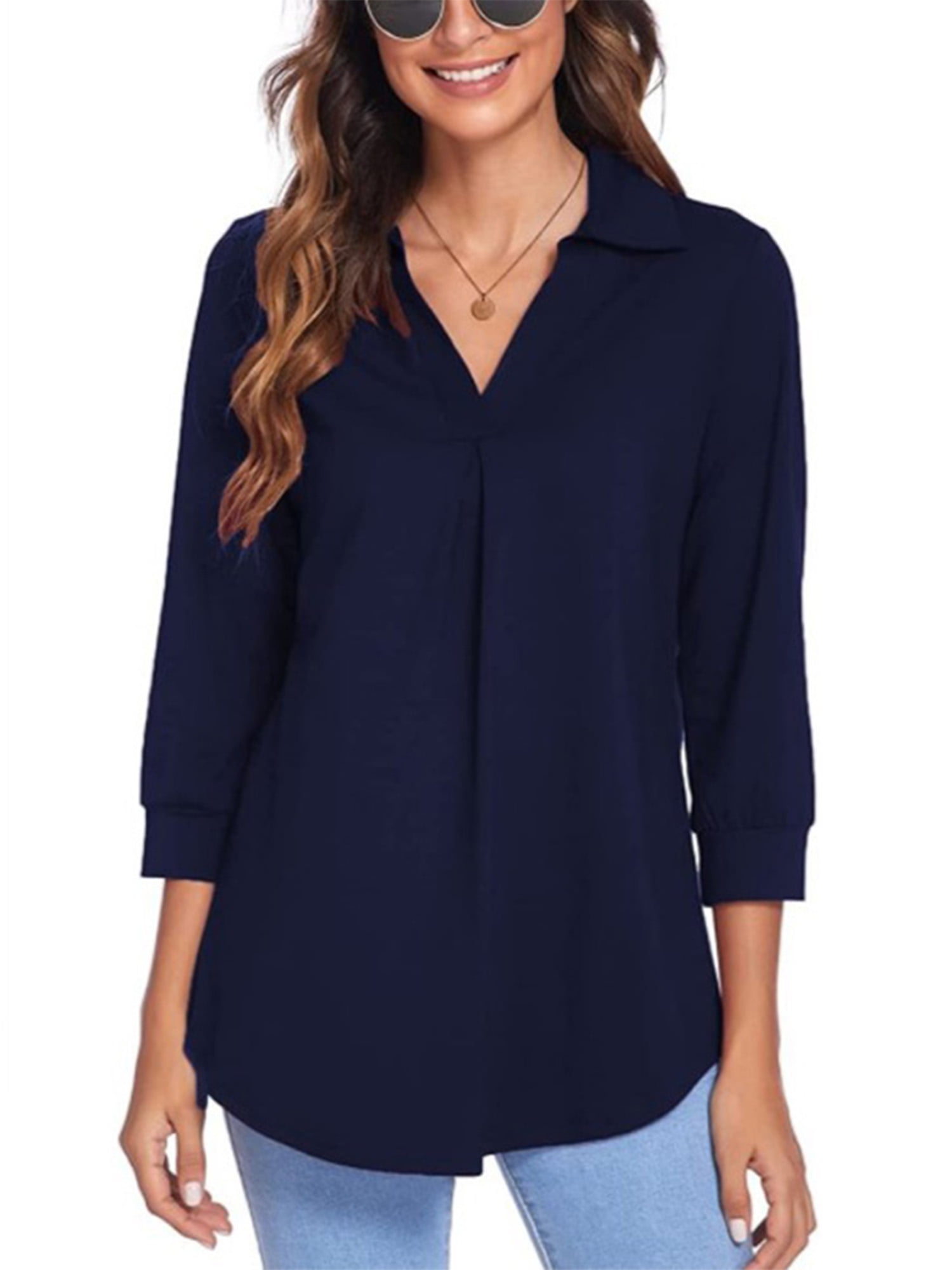 Grianlook Ladies Shirt V Neck Blouse Pullover 3/4 Sleeve Top Womens ...
