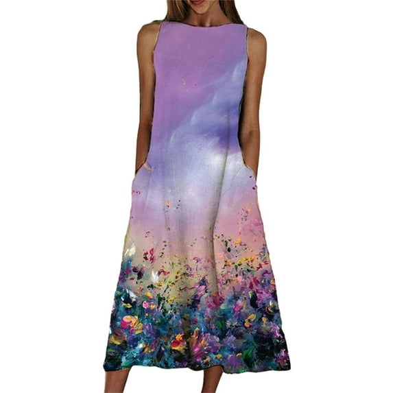 Grianlook Ladies Summer Beach Sundress Floral Print Tank Dresses Crew Neck Midi Dress Women Sexy Loose Sleeveless Pink XXL