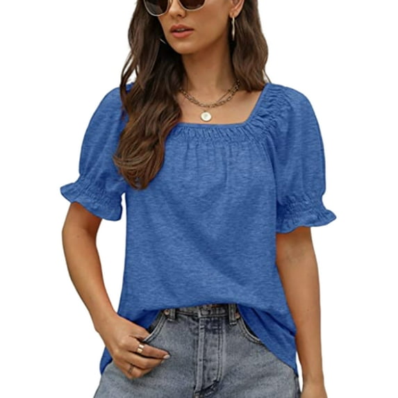 Grianlook Ladies Summer Tops Square Neck T Shirt Short Sleeve T-shirt Women Casual Tee Breathable Solid Color Tunic Blouse Blue L