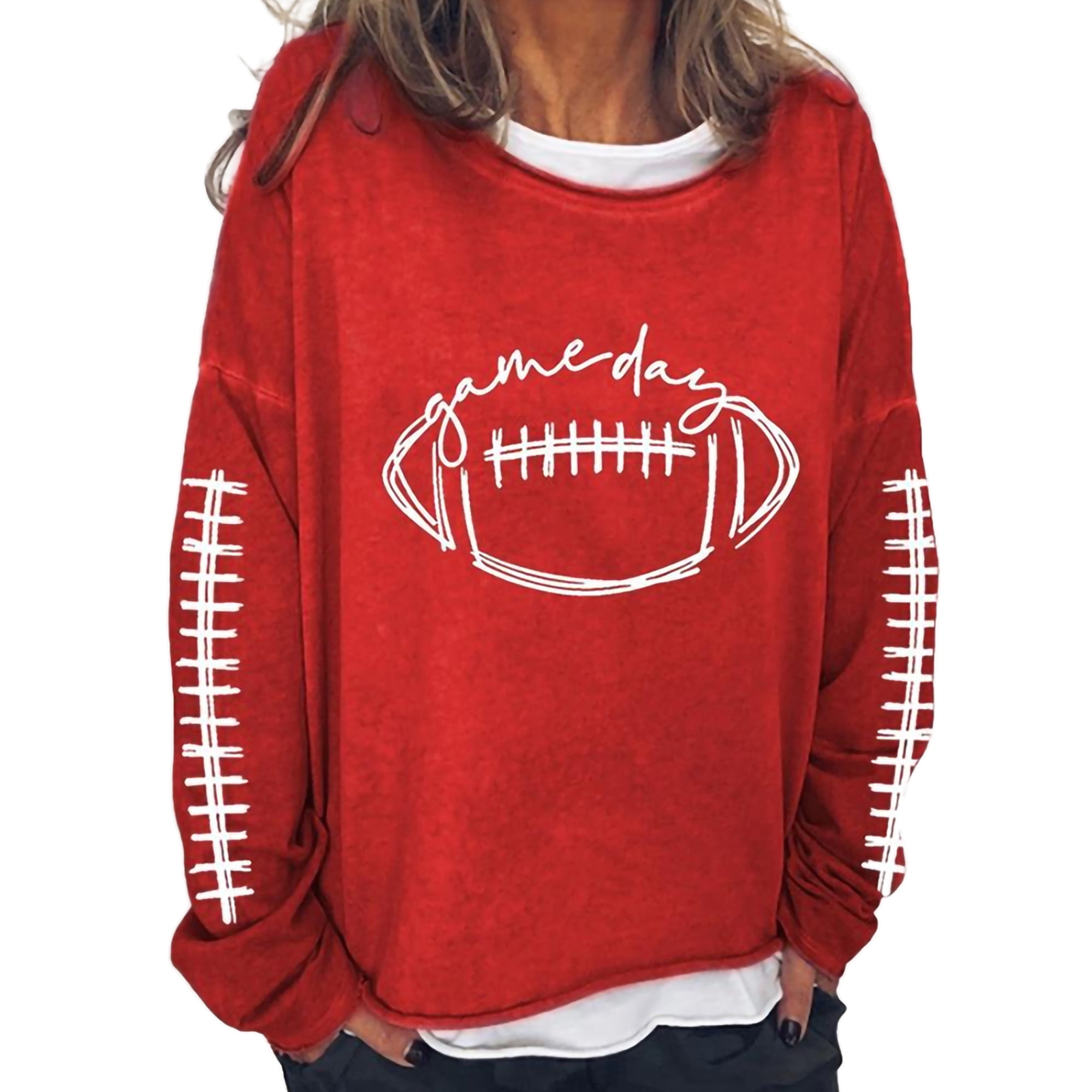 Grianlook Ladies Sweatshirt Football Print Sweatshirts Long Sleeve Pullover  Women Loose Fit Tops Warm Crew Neck Red S 