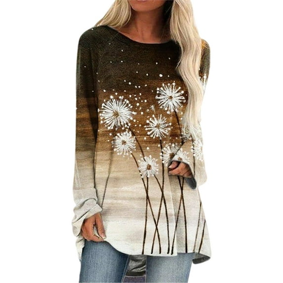Grianlook Long Sleeve Fall Autumn Shirts for Womens Floral Christmas Tops Asymmetrical Hem Tunic Top Shirts