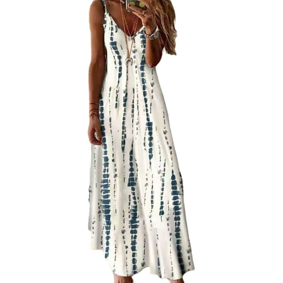 Grianlook Long Sun Dress for Women Summer Beach Boho Dress V Neck Strappy Loose Maxi Sun Dress