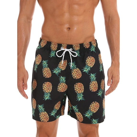 Grianlook Men Boardshorts Pocket Beach Pants High Waist Swimsuit Mens Comfy Beachwear Quick Dry Drawstring Swim Shorts Black Pineapple A 4XL