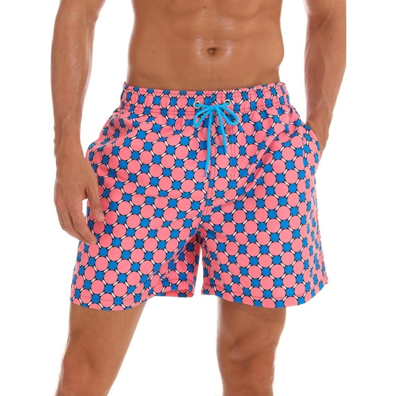 Grianlook Men Boardshorts Pocket Beach Pants High Waist Swimsuit Mens Comfy Beachwear Quick Dry Drawstring Swim Shorts Pink Grid 3XL