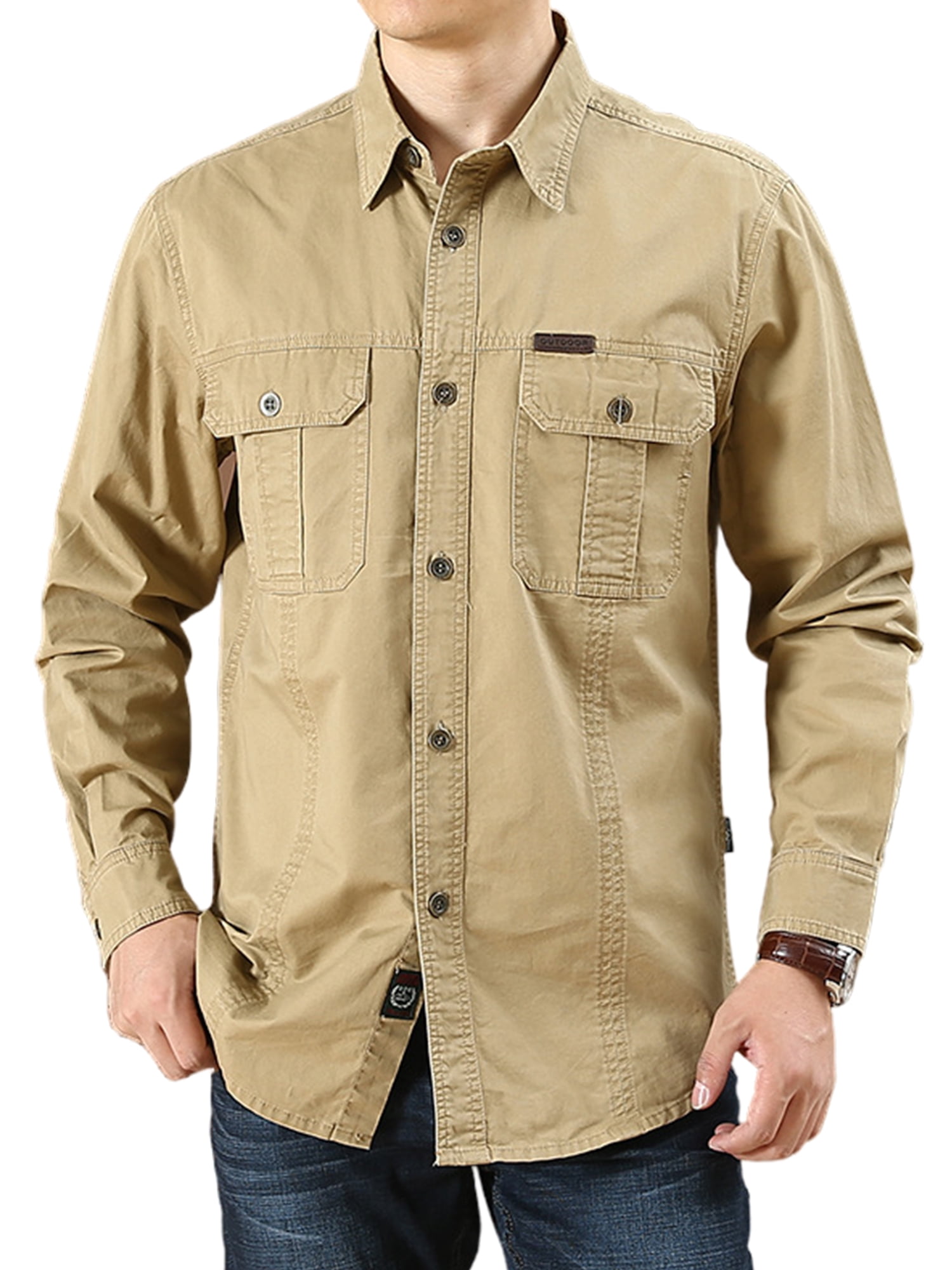 Grianlook Men Casual Button Down Tops Solid Color Lapel Neck Tunic Shirt Vacation Long Sleeve