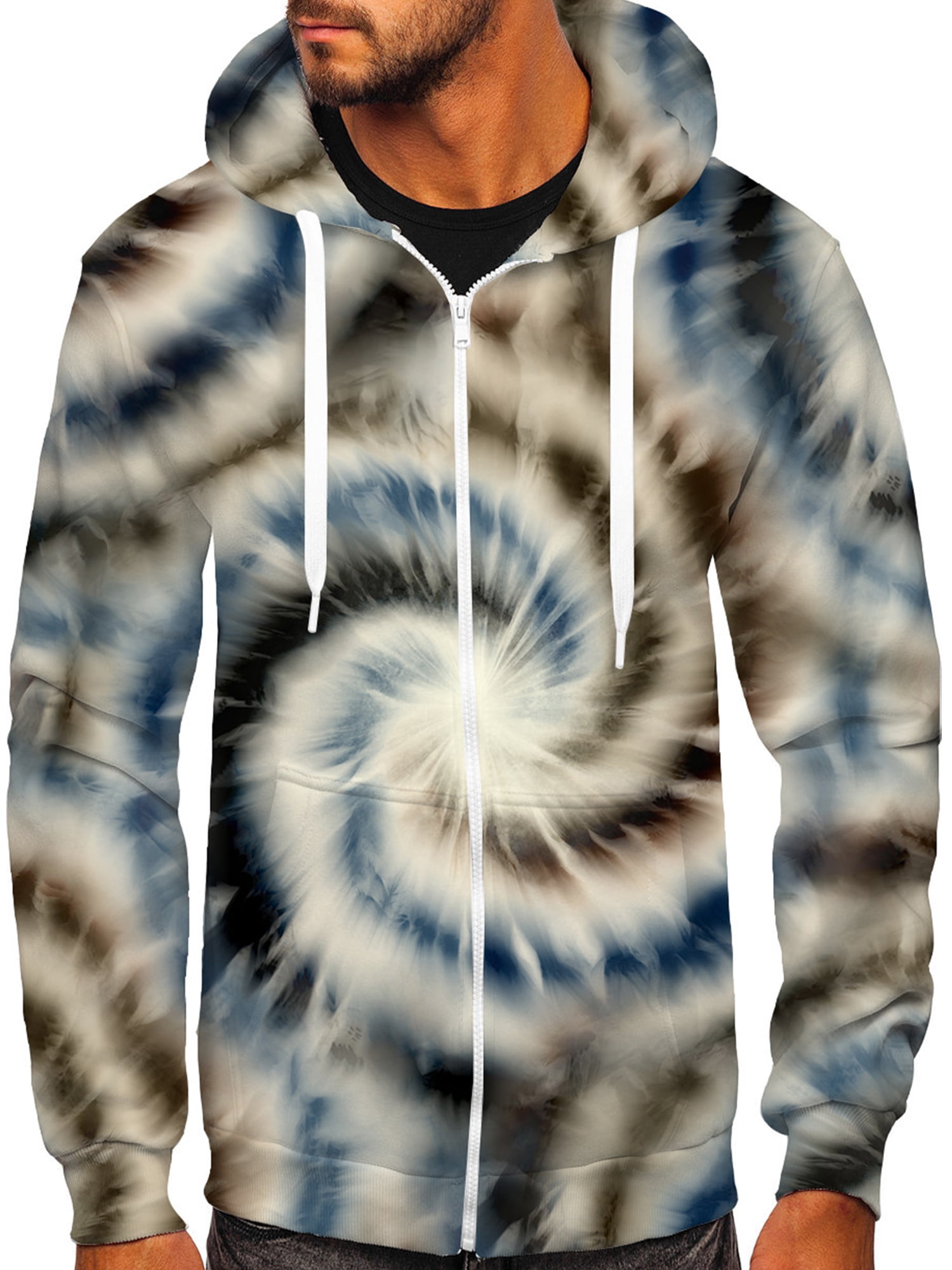 Grianlook Men Casual Drawstring Hoodies Zipper Tie Dye Hooded Tops