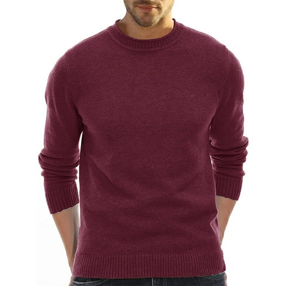 Grianlook Men Casual Solid Color Jumper Tops Crew Neck Knit Pullover Long Sleeve Knitted Sweaters Wine Red M