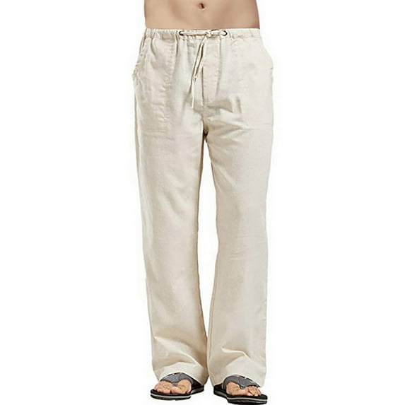 Grianlook Men Pants Elastic Waist Bottoms Solid Color Trousers Mens Casual Loungewear Lightweight Drawstring Khaki L