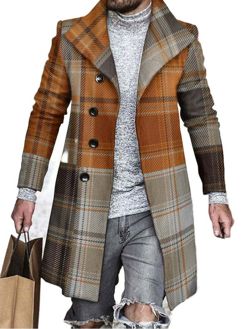 Grianlook Men Soft Plaid Peacoat Notched Overcoats Single Breasted