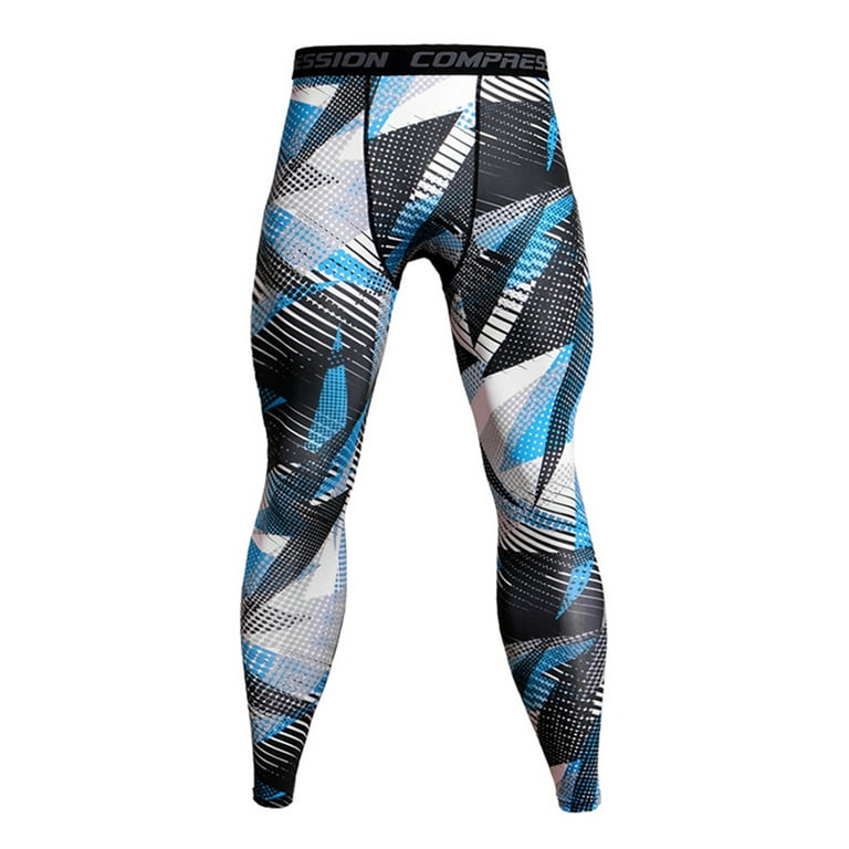 Grianlook Mens Active Quick Dry Gym Tights Elastic Waisted Mid Waist  Leggings Fitness Geometric Compression Pants Geometric Blue Dots XL 