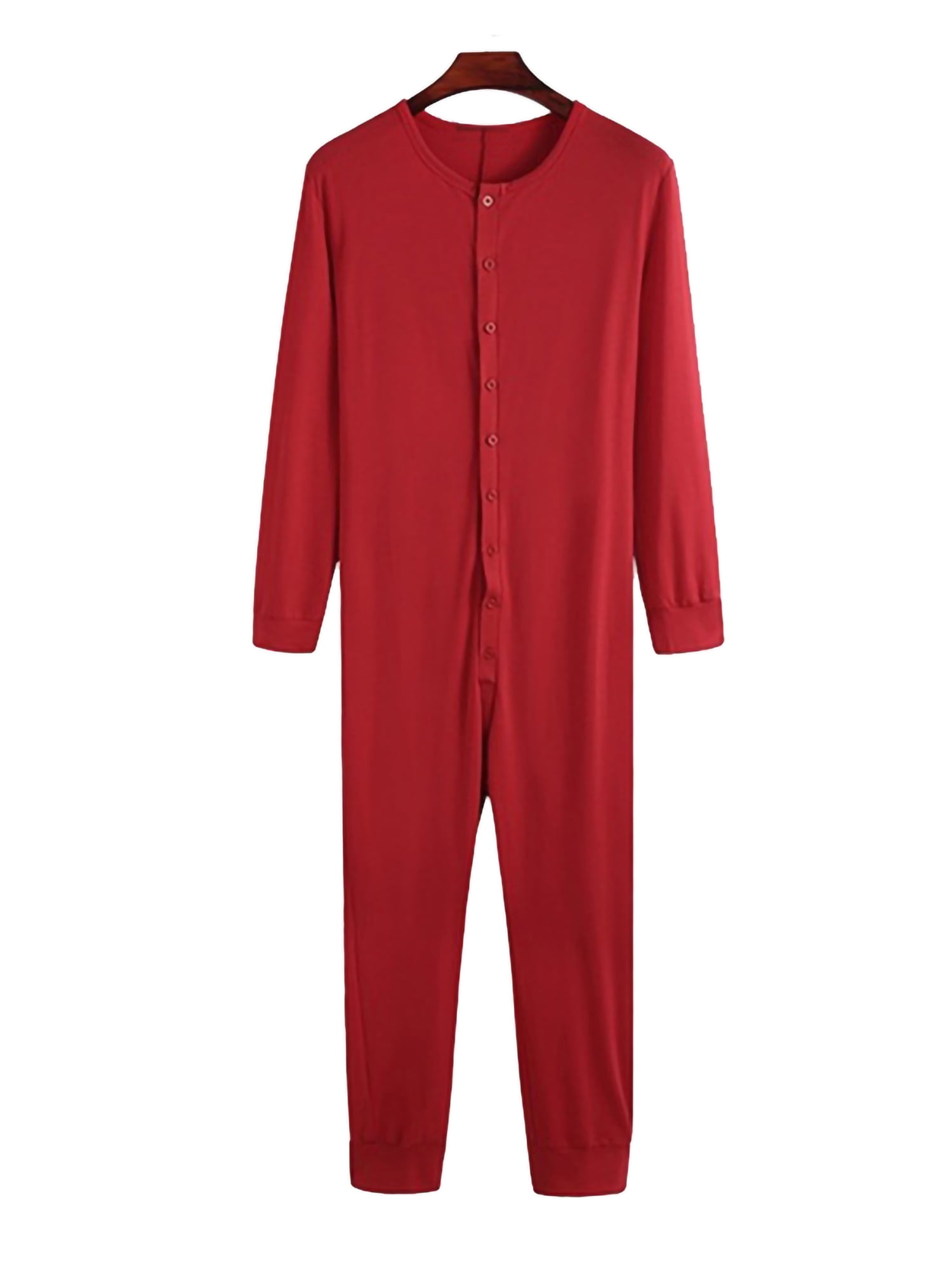 Grianlook Mens Bodysuit Underwear Union Suit Solid Color One Piece Pajama  Men Slim Fit Sleepwear Plain Long Sleeve Onesie Pajamas Red XL 