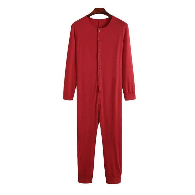 Grianlook Mens Bodysuit Underwear Union Suit Solid Color One Piece Pajama  Men Slim Fit Sleepwear Plain Long Sleeve Onesie Pajamas Red XL 