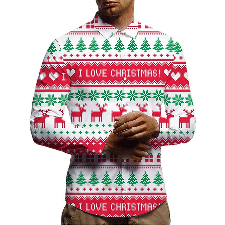 Grianlook Mens Christmas Santa Claus Shirt Elk Snowflake Print