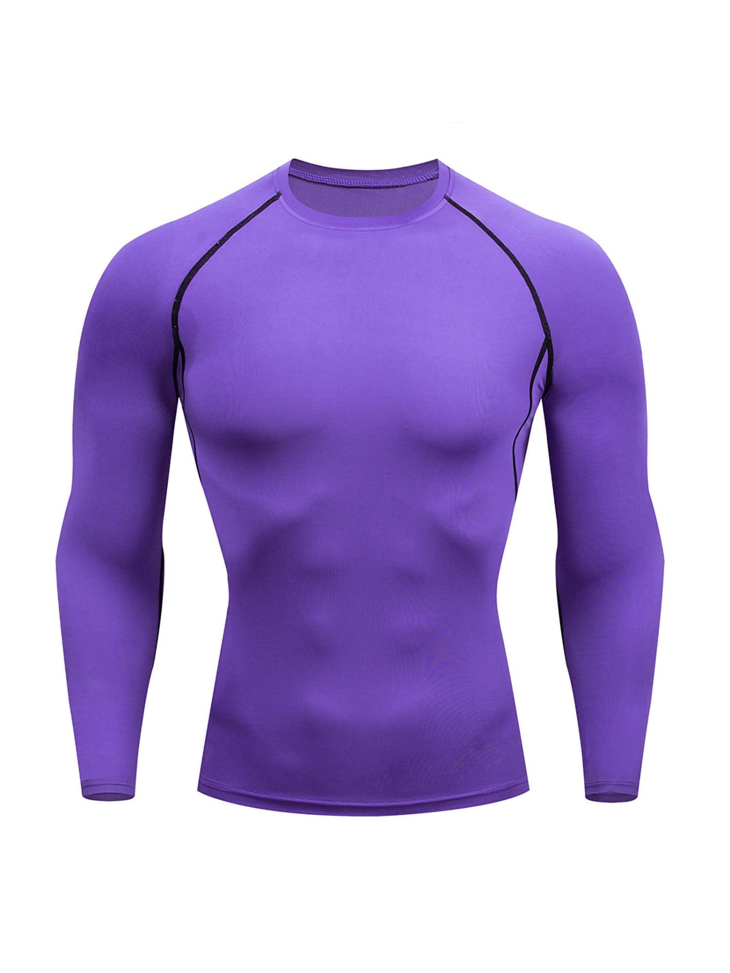 Grianlook Mens Compression Shirts Solid Color Sport T Shirt Long Sleeve Summer Tops Men Breathable Tee Casual Crew Neck Muscle T shirt Purple XL