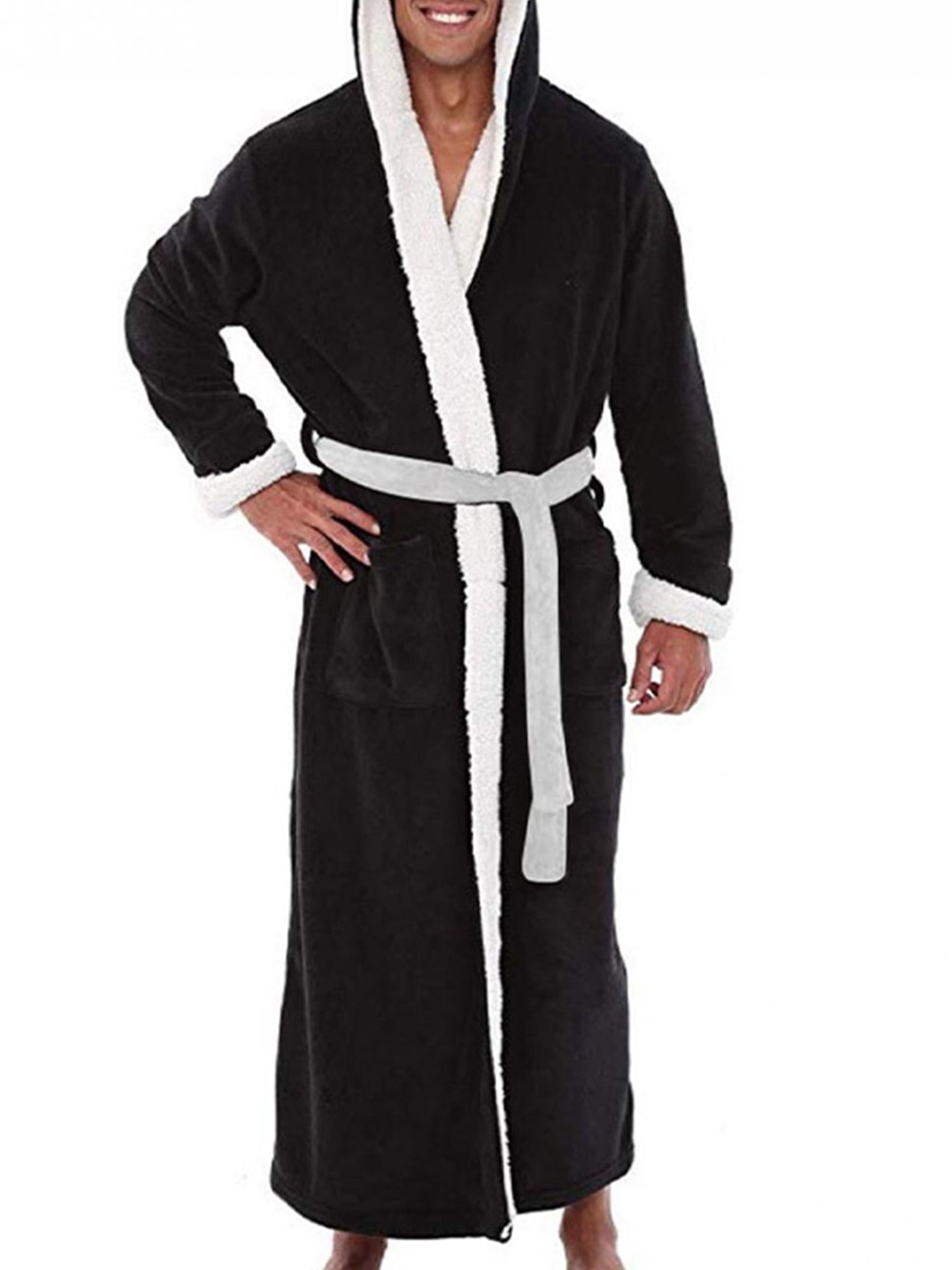 Grianlook Mens Dressing Gown Solid Color Wrap Robe Long Sleeve Bath