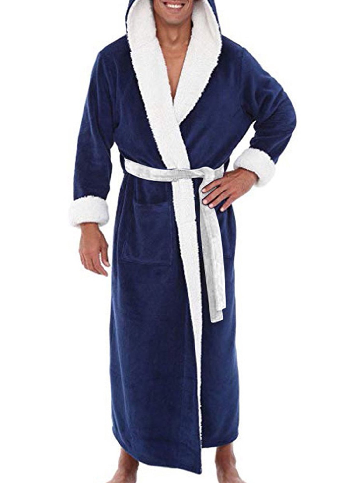 Grianlook Mens Dressing Gown Solid Color Wrap Robe Long Sleeve