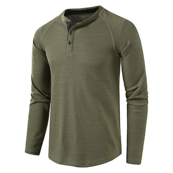Grianlook Mens Fashion Waffle T Shirts Henley Neck Solid Color Pullover Work Long Sleeve T-shirt Army Green XL