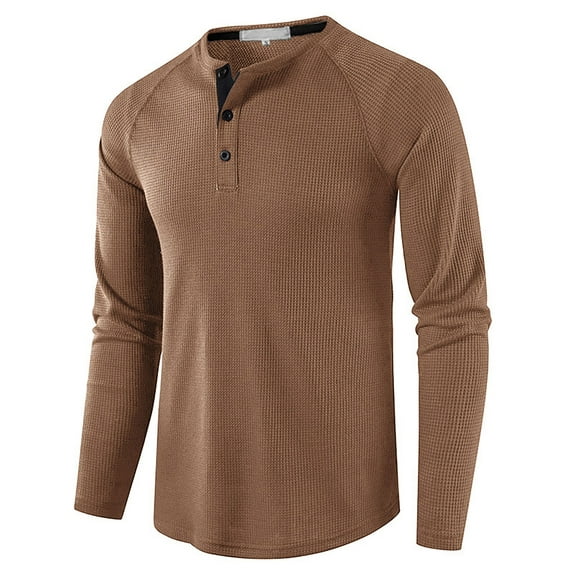 Grianlook Mens Fashion Waffle T Shirts Henley Neck Solid Color Pullover Work Long Sleeve T-shirt Khaki L