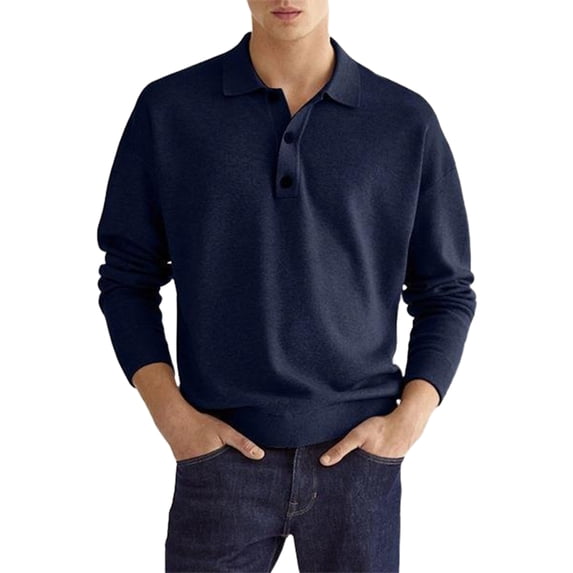 Grianlook Mens T Shirts Lapel Neck Tee Long Sleeve Polo Shirt Men Lightweight T-shirt Athletic Solid Color Pullover Navy Blue L