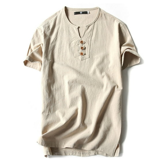 Grianlook Mens Tops Cotton Linen T Shirt Solid Color Simple Tees Retro Style Men Slim V Neck Plain Short Sleeve Apricot-3 L