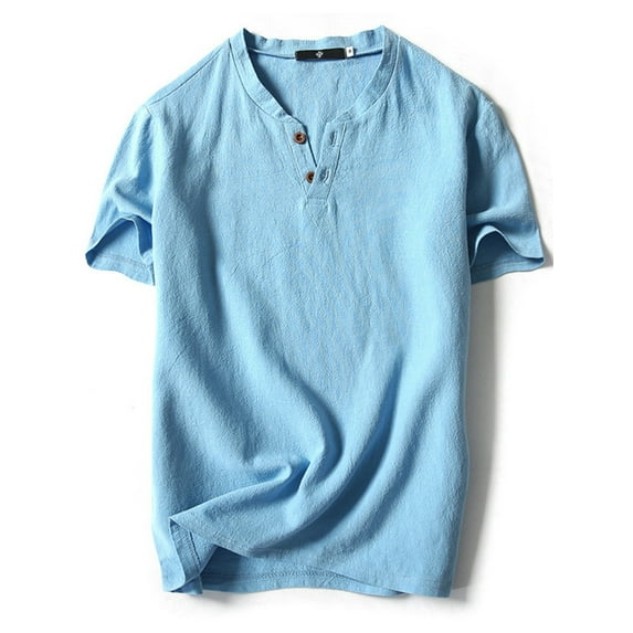 Grianlook Mens Tops Cotton Linen T Shirt Solid Color Simple Tees Retro Style Men Slim V Neck Plain  Short Sleeve Sky Blue-2 L