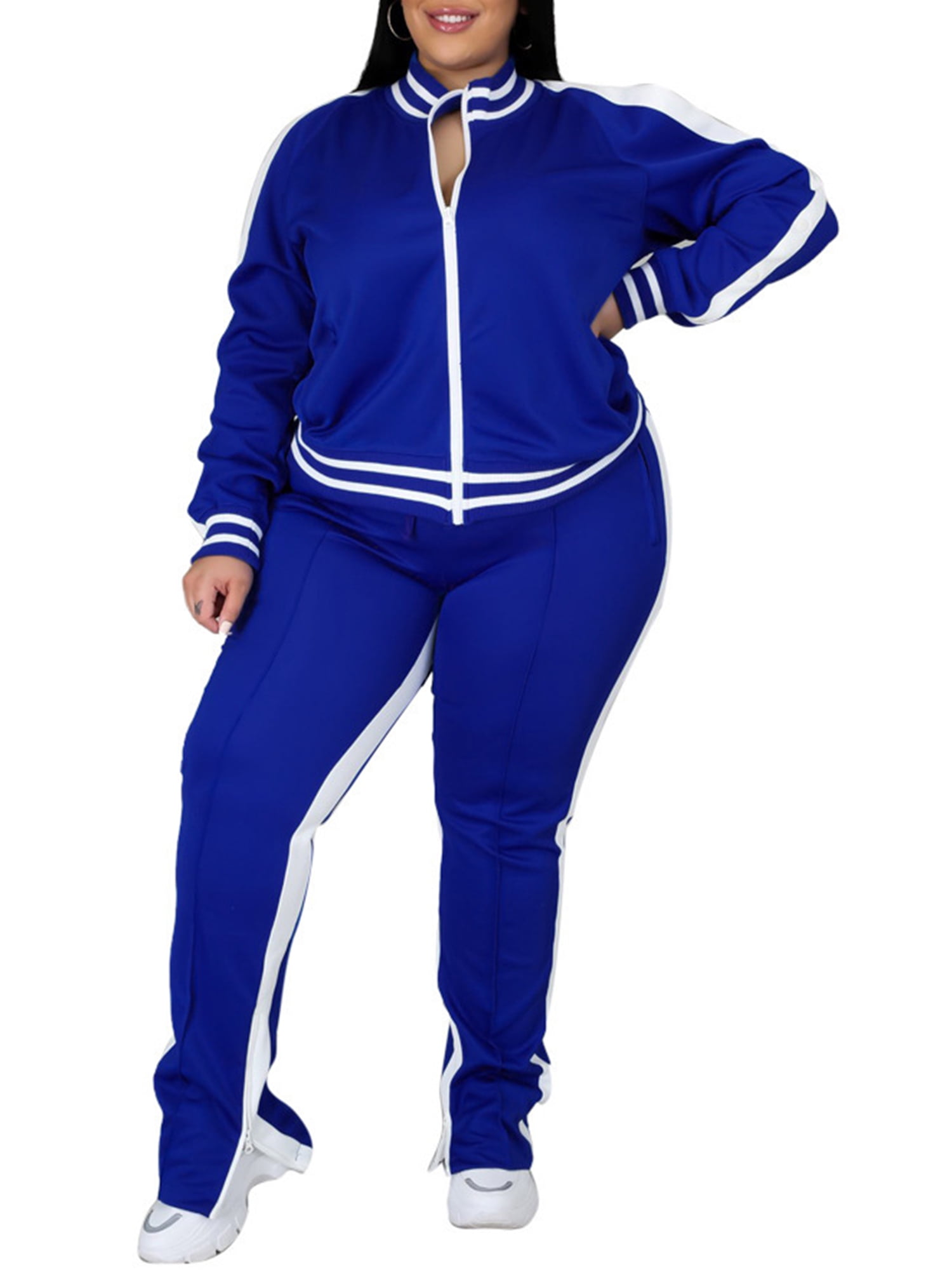 Grianlook Plus Size 2 Piece Tracksuit Set For Women Long Sleeve Sweatsuits Zip Jogger Set With