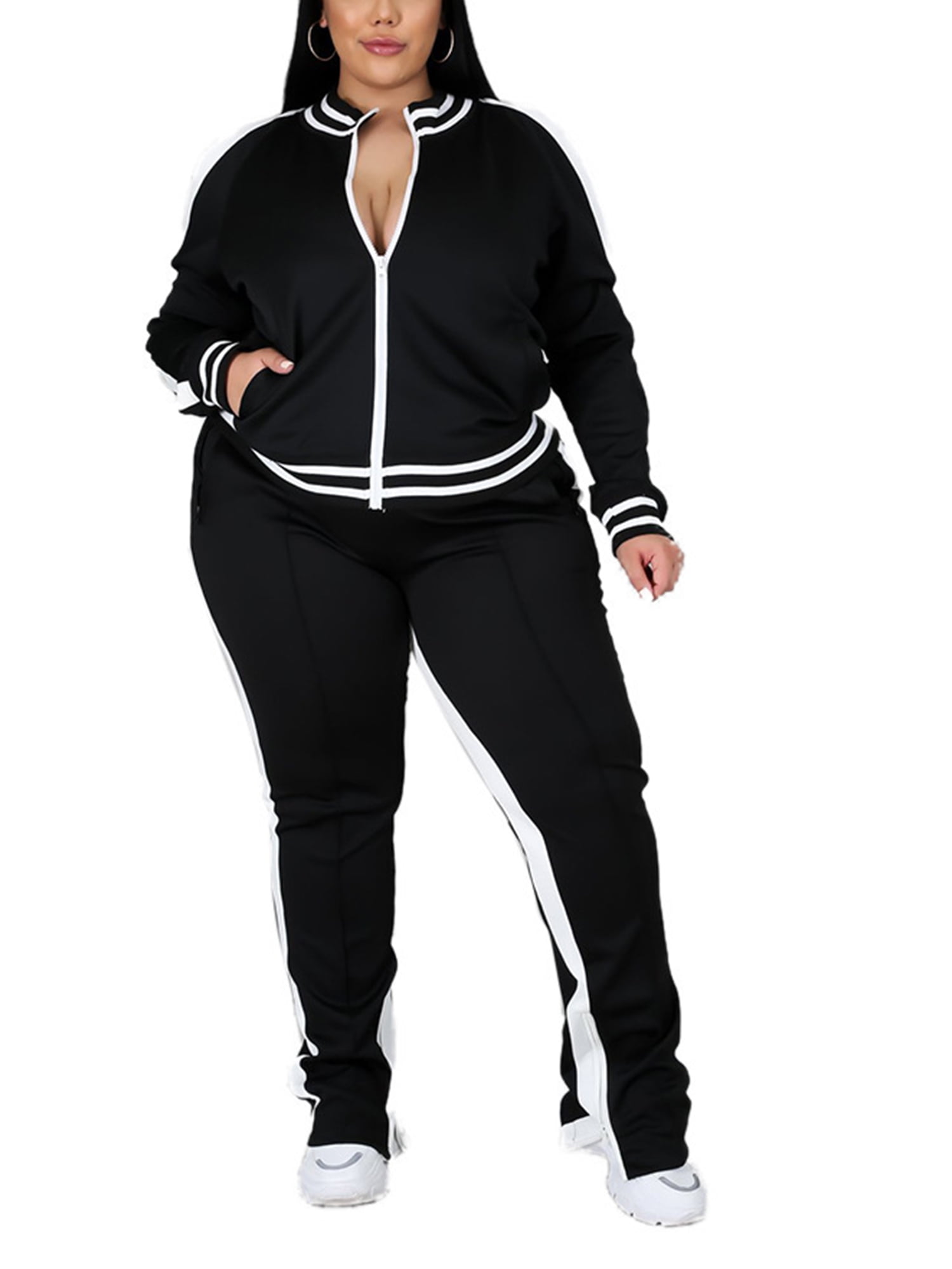 Grianlook Plus Size 2 Piece Tracksuit Set For Women Long Sleeve Sweatsuits Zip Jogger Set With Pockets Ladies Casual Sweatpants Workout Set Black XXXL Walmart