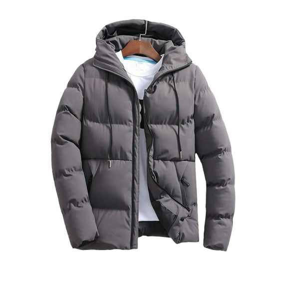 Grianlook Puffer Jacket For Mens Hooded Neck Winter Coat Long Sleeve Solid Color Full Zip Winter Outerwear Deep Gray XL