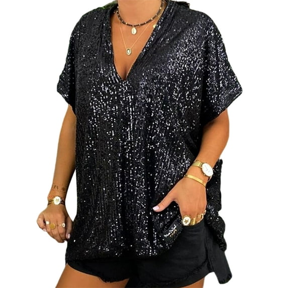 Grianlook T Shirt for Women Short Sleeve Summer Tops Sequin T-shirt Ladies Fashion Pullover Bright V Neck Tee Gray S