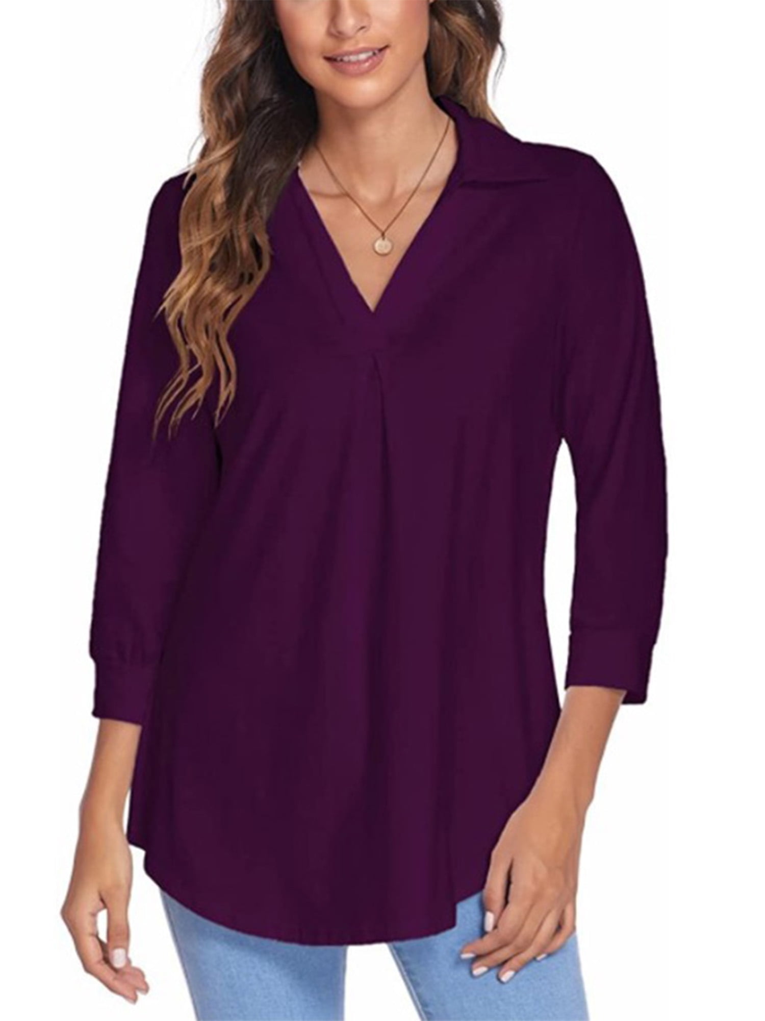 Sexy Dance Women Casual V Neck Blouse 3/4 Sleeve Loose Lapel Tunic ...