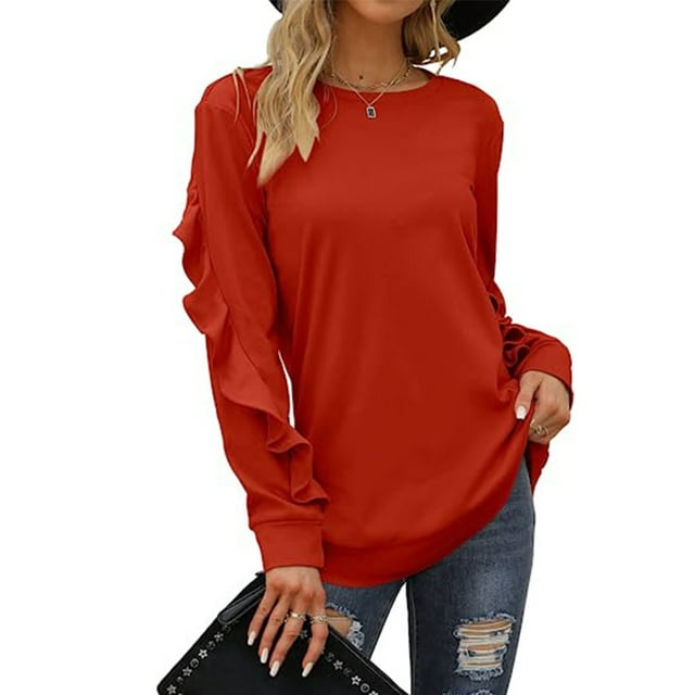 Grianlook Women Basic Solid Color T-shirt Crew Neck Long Sleeve T Shirt ...