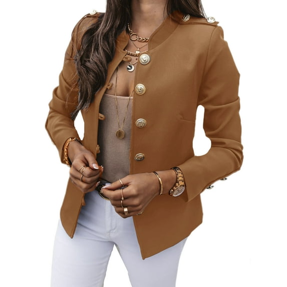 Grianlook Women Cardigan Jacket Long Sleeve Blazers V Neck Business Jackets Ladies Slim Fit Outwear Elegant Solid Color Camel M