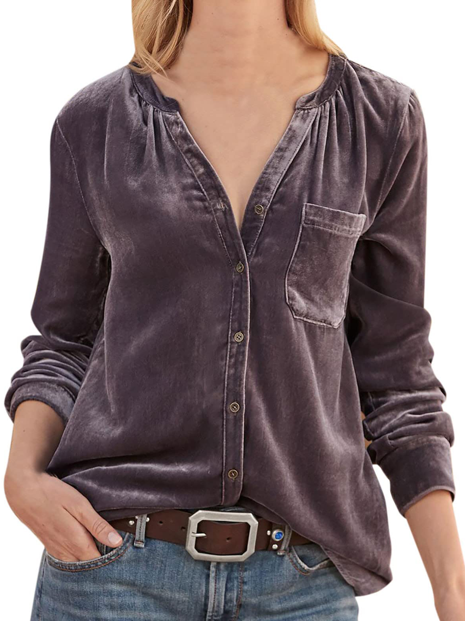 Grianlook Women Casual Button Down Shirts Velvet Solid Color Tunic