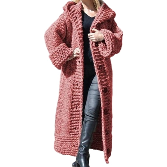Grianlook Women Casual Hooded Knitted Sweaters Solid Color Cable Knit Outwear Long Sleeve Cardigan Loungewear Pink 3XL
