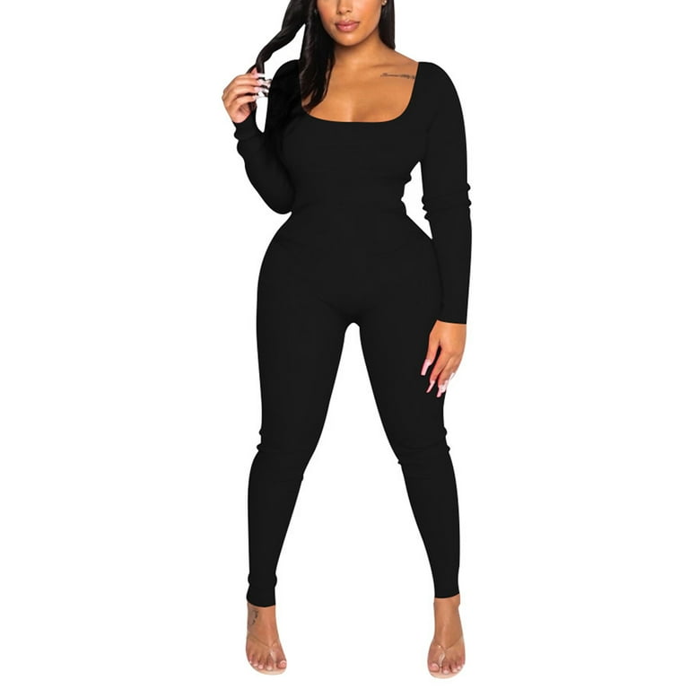 Square Neck Long Sleeve Jumpsuit in Black